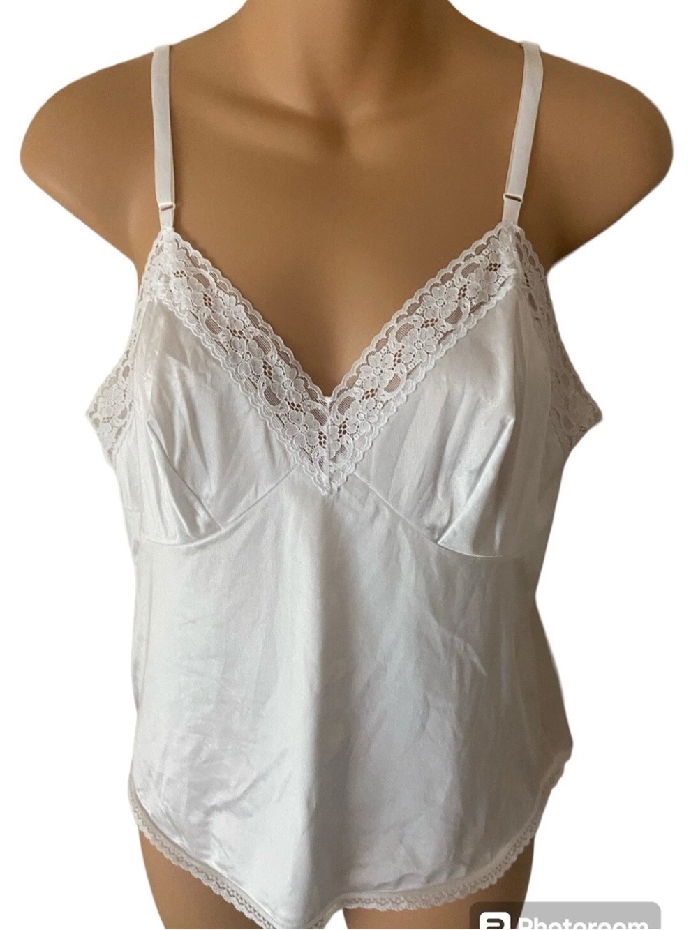 NWT!Vintage Vanity Fair Nylon White Camisole Lingerie Top Lace Trim Straps 36/42